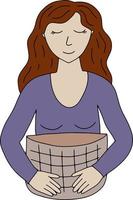 Vector doodle illustration happy woman with brown basket. White woman with brown hair and purple coat.