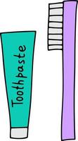 Ilustración de vector doodle con pasta de dientes y cepillo de dientes. elementos de cuidado de la salud dental. rutina de la mañana