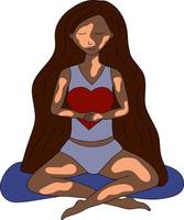 Vector illustration brunette dark skin girl with vitiligo. Selflove female sitting in relaxing pose and hugging heartshape pillow