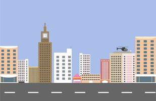 Office buldings City, urban, landscape, smart city buldings, modern skyscraper,  vector illustration. With helicopter, blue sky and highway