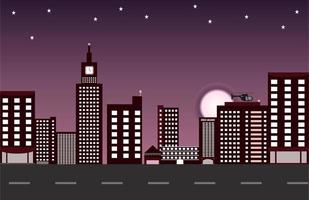 Night view skyscrapers with helicopter, moon and stars. vector illustration, modern office building with highway. urban life style