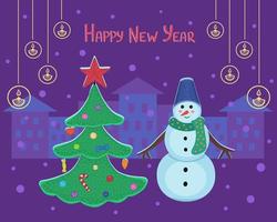 Gift card Happy New year, snowman, christmas tree, city. Illustration for printing, backgrounds, covers, packaging, greeting cards, textile, seasonal design. Isolated on white background. vector