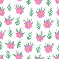 Pink flowers with leaves, floral seamless pattern. Illustration for printing, backgrounds, covers, packaging, greeting cards, posters, textile, seasonal design. Isolated on white background. vector