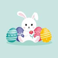 A cute Easter bunny sits next to bright eggs. Illustration for postcard design, printing on clothing, poster. vector
