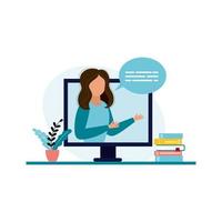 An online teacher conducts a webinar. The concept of online learning. The digital classroom to the webinar. Vector illustration in flat style.