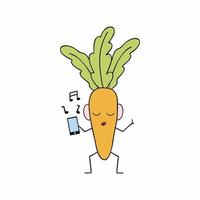 Funny carrot is listening to music on your smartphone. Funny character for children's stickers. Vector illustration with fruits and vegetables in the doodle style.