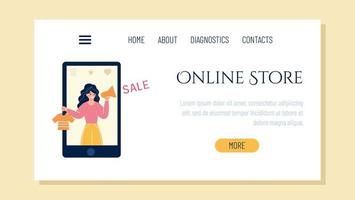 Design of the landing page for an online store. The girl in the smartphone informs about discounts. vector