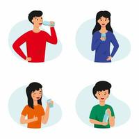 A set of illustrations with people who drink water. The family practices healthy habits. vector
