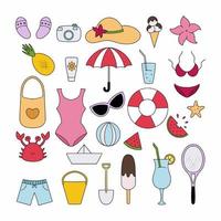 A large set with summer items for vacation, vacation and travel. Vector illustration in doodle style.