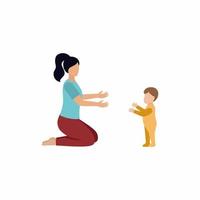 A little boy learns to walk. The mother teaches the child to walk and stretches out her hands to him. A woman is sitting on the floor. Vector character in flat style.