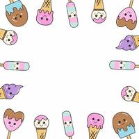 Square photo frame with cute ice cream. Ice cream with eyes. A place to write the text. vector