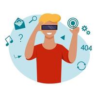 A man wearing virtual reality glasses. Vector illustration in a flat style. Modern technologies and cyberspace.