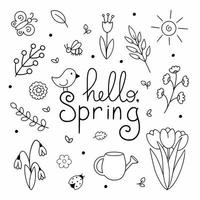 A set of elements for spring in the style of doodle. Coloring book for kids with flowers, insects and nature. Vector element for the design of a postcard. Decor for the holiday of March 8.