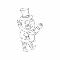 Coloring book for children for St. Patrick's Day. A cheerful leprechaun with a hat and a beer. Vector illustration in the style of hand draw