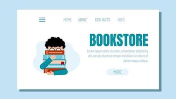 International Children's Book Day. The boy is holding a stack of books. Template for the bookstore website. The target page of the electronic library. vector