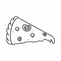 A slice of pizza with tomatoes, mushrooms and cheese. Pizza in the style of doodle. Contour illustration in the style of hand drawing vector