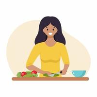 A woman cuts vegetables for a salad. Cooking at home. Vector illustration in a flat style.