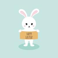 A cute rabbit holds a placard with the inscription Happy Easter. Vector illustration for the Easter holiday. A postcard with an Easter bunny.