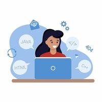 A woman works on a computer. The concept of freelancing and remote work. Office at home. Vector illustration for the Webmasters Day.
