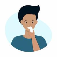 A man treats a runny nose with a spray for a runny nose. vector