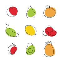 frutas y bayas al estilo de doodle. un dibujo lineal con frutos sanos. vector