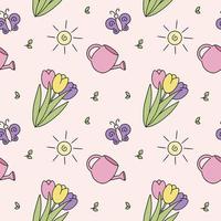 Seamless pattern with tulips and watering can. Spring background for sewing children's clothing, printing on fabric for girls and packaging paper. vector