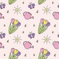 Seamless pattern with tulips and watering can. Spring background for sewing children's clothing, printing on fabric for girls and packaging paper. vector