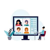 Home video conference with colleagues. Remote work from home. The concept of online learning. Conducting a webinar with the help of modern technologies. Vector illustration in flat style.