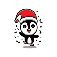 Dancing penguin with Christmas hat in white background , vector logo design template