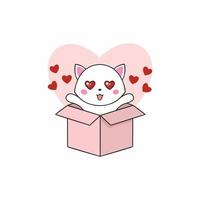 Cute kitten in a box. A kitten with a heart. Vector illustration for the holiday of all lovers. Valentine's Day greeting card. Greeting poster for the holiday.