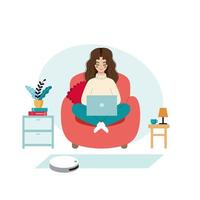 The girl works on the computer at home. The robot vacuum cleaner does the cleaning of the apartment. Vector illustration on the topic of freelancing, remote work.