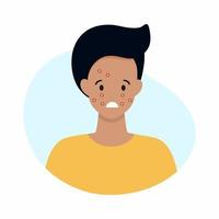 The face of a man with acne on his face. Skin diseases and allergic reactions. Vector illustration for the dermatology clinic.