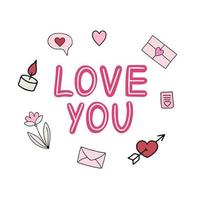Te amo hermosas letras con diseño de doodle. conjunto de elementos para el día de san valentín. vector