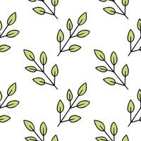 Endless background with green twigs. Spring flowers on a white background. Wallpaper for sewing clothes, printing on fabric and packaging paper. vector