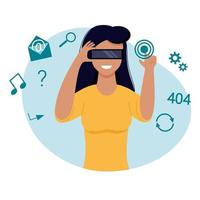 A woman wearing virtual reality glasses. Vector illustration in a flat style. Modern technologies and cyberspace.