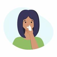 A woman sprays a spray for a runny nose. Treatment of diseases of the nose. Vector illustration on the topic of viral infections.