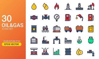 conjunto de iconos de la industria de petróleo y gas. estilo de contorno lleno de la colección de iconos de la empresa de energía. Adecuado para elementos de diseño de extracción de petróleo, refinería y producción de combustible. vector