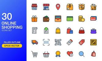 Commerce and shopping icon set in filled outline style. Suitable for design element of online shopping app, digital marketplace, and open shop user interface. vector
