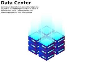 Datacenter isometric vector illustration. Abstract 3d hosting server or data center room background. Network or mainframe infrastructure website header layout