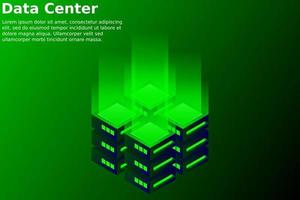 Datacenter isometric vector illustration. Abstract 3d hosting server or data center room background. Network or mainframe infrastructure website header layout