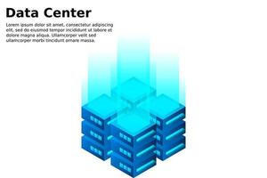 Datacenter isometric vector illustration. Abstract 3d hosting server or data center room background. Network or mainframe infrastructure website header layout