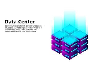 ilustración vectorial isométrica del centro de datos. servidor de alojamiento 3d abstracto o fondo de la sala del centro de datos. diseño de encabezado de sitio web de infraestructura de red o mainframe vector