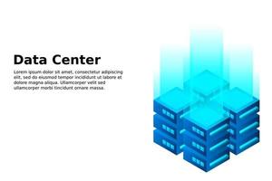 ilustración vectorial isométrica del centro de datos. servidor de alojamiento 3d abstracto o fondo de la sala del centro de datos. diseño de encabezado de sitio web de infraestructura de red o mainframe vector