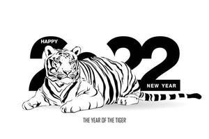 feliz año nuevo 2022 año del tigre dibujando líneas blancas y negras de tigre en números 2022 para carteles, folletos, pancartas, tarjetas de invitación, ilustración vectorial aislado sobre fondo blanco. vector