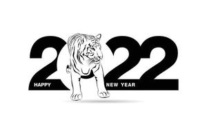 Happy new year 2022 year tiger black and white line drawing is in numbers 2022 for poster, brochure, banner, invitation card vector illustration isolated on white background.