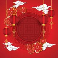 Red circle background and plum blossom with gold border. Chinese pattern. Use in poster design, brochure, banner, New Year or Chinese New Year. vector