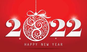 feliz año nuevo 2022 con hermosa bola chrisma sobre fondo rojo. Ilustración para folleto, postal, tarjeta de invitación. vector