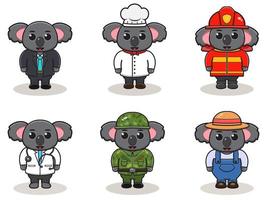 lindo trabajo conjunto de paquete de dibujos animados de koala. vector