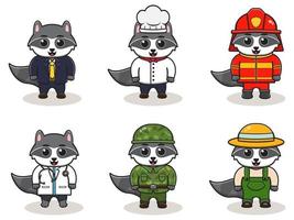 cute job Raccoon cartoon bundle set. vector