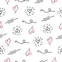 Doodle hearts and underlines seamless pattern. Black and red elements on white background. Vector illustration